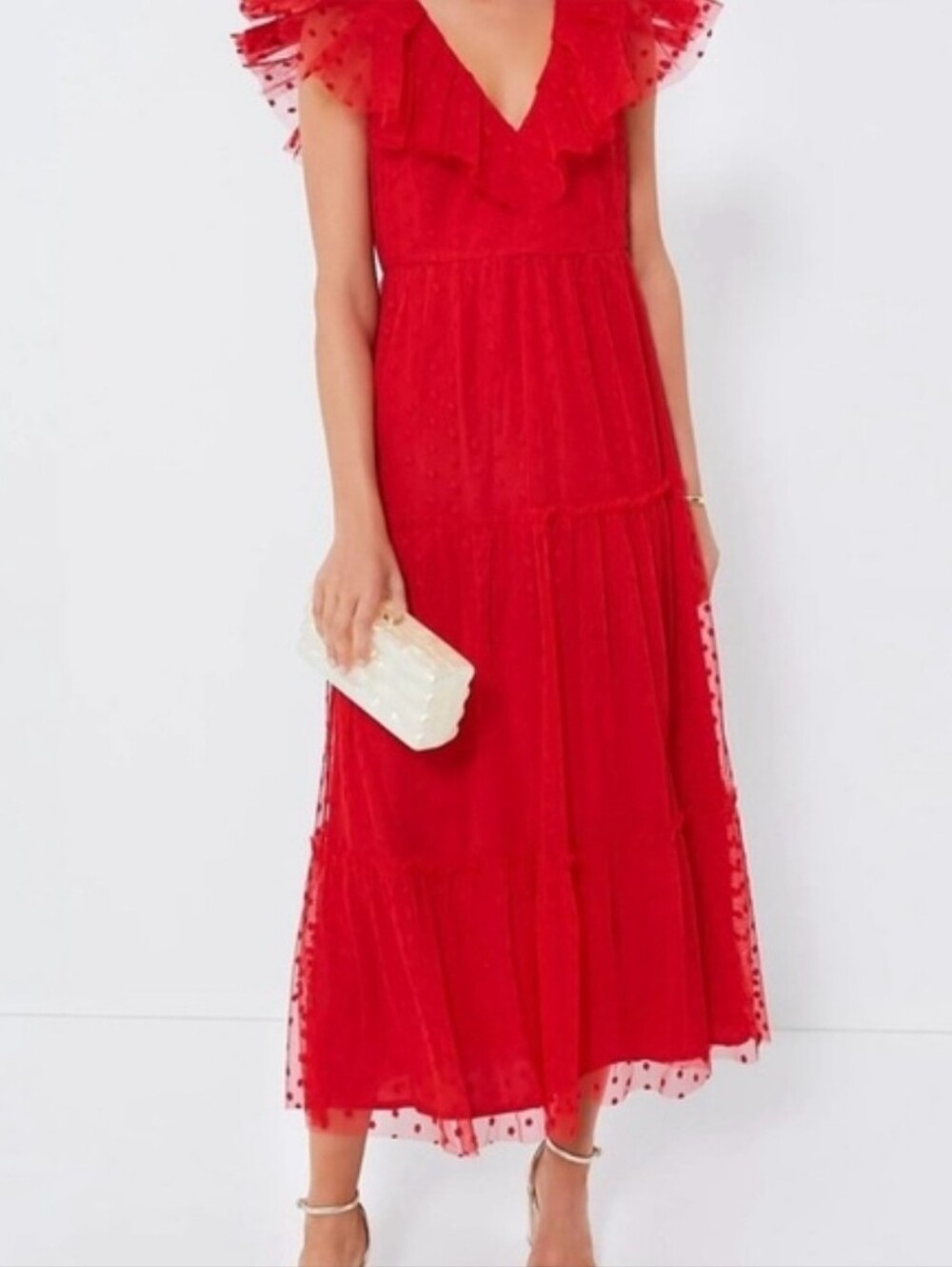 Tuckernuck Red Giselle Tulle Gown Dress Size M Swiss Dot Flutter Sleeve NWT